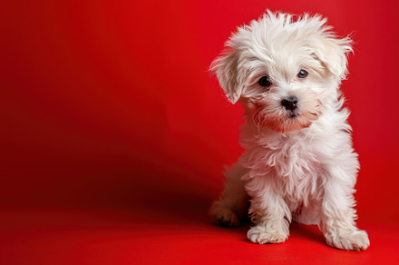 Fluffy Maltese Puppy Against Striking Red, Full of Cuteness and, an Animal Photo by José Manuel Gelpi