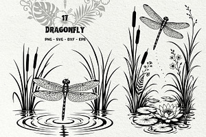 Dragonfly Pond Line Art Graphics, a Decorative Illustration by DENIDigitalArtSudio