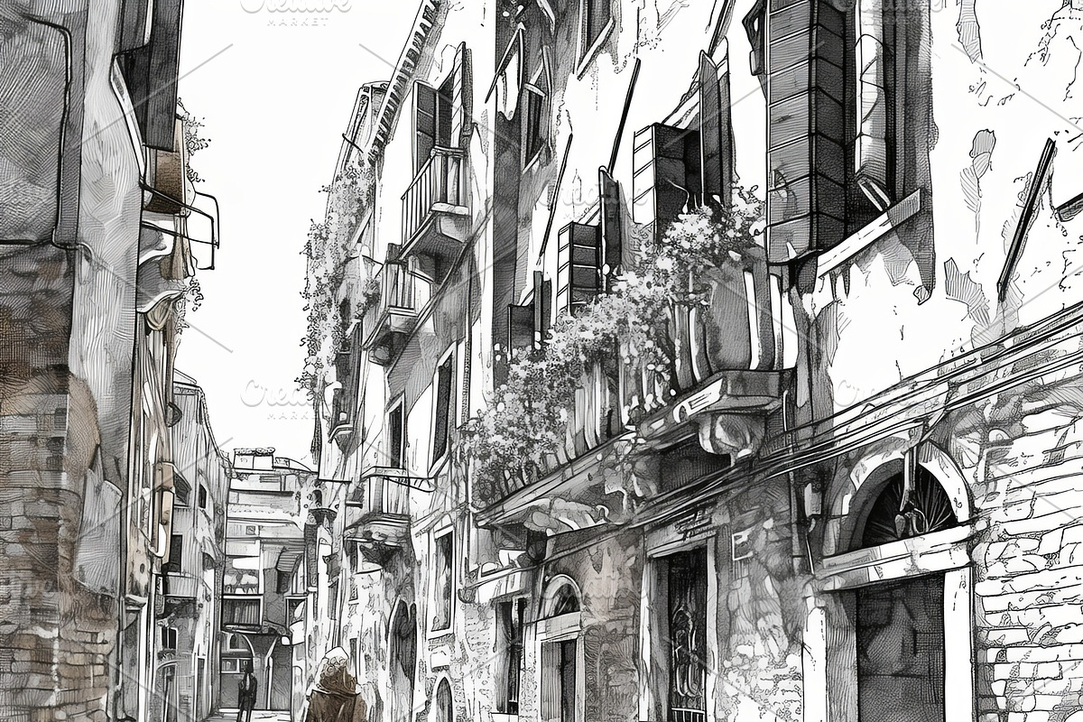 Illustrated scene of a family walk through a charming historical alley, an Illustration by AS photostudio