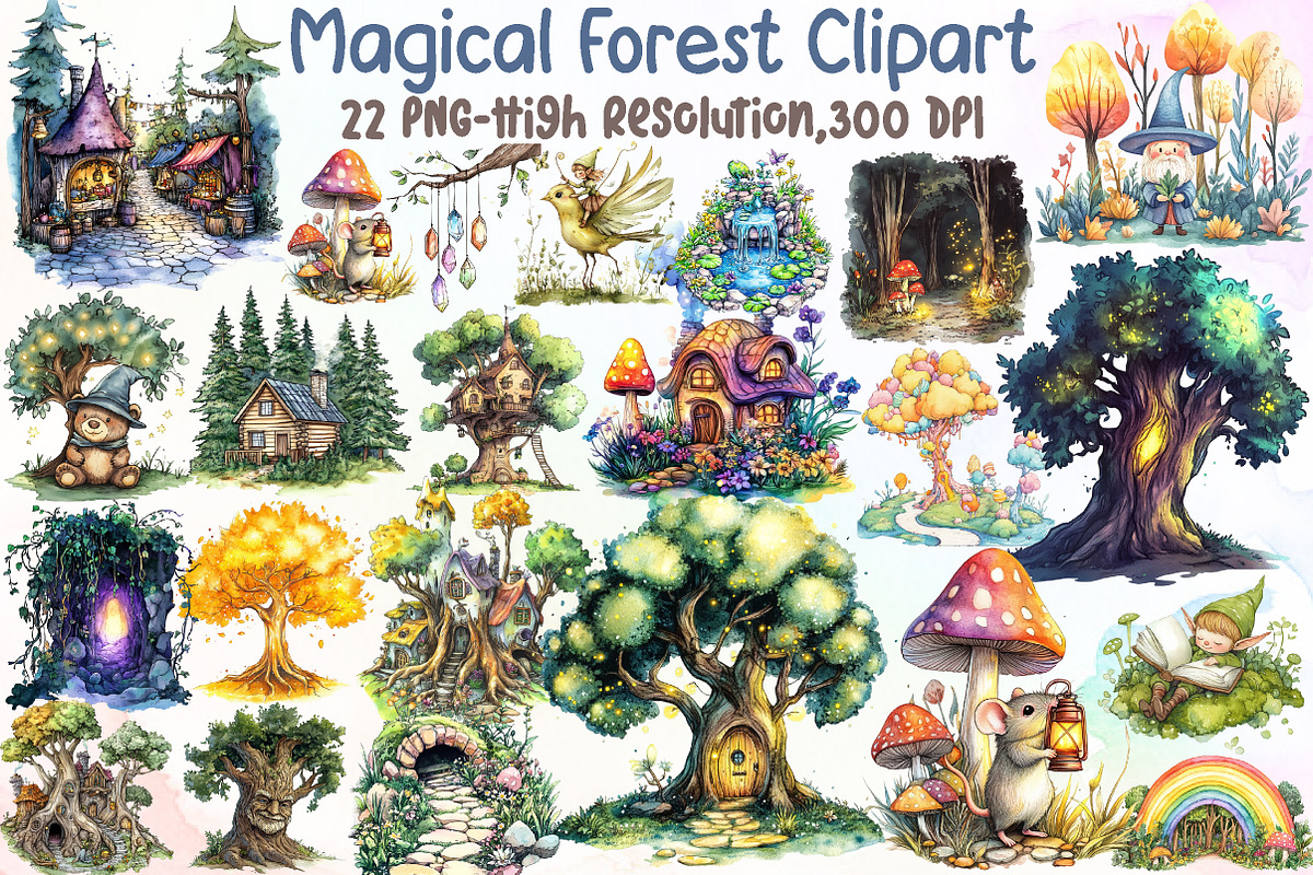 Magical Forest Clipart,Watercolor Fo, an Illustration by Sublimation Artist (Photo 1 of 6)