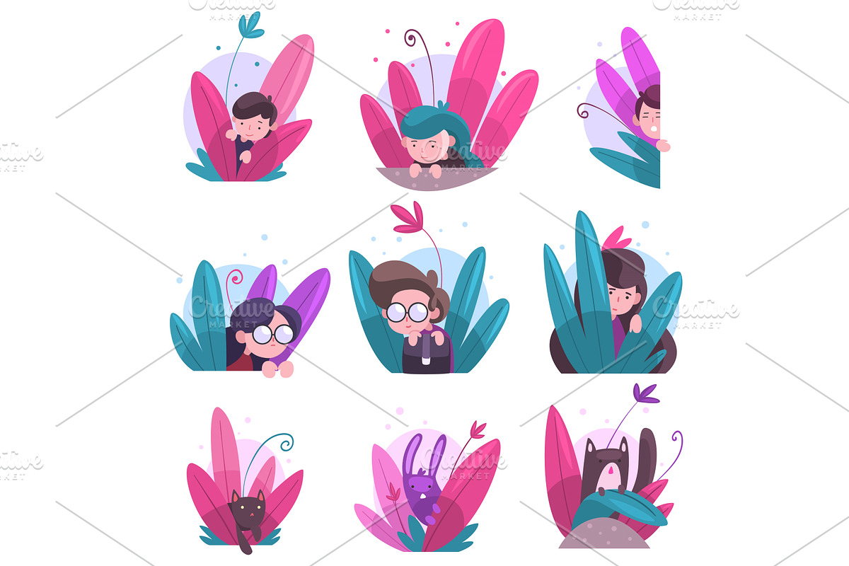 Cute Boys, Girls and Animals Hiding, an Animal Illustration by TopVectors