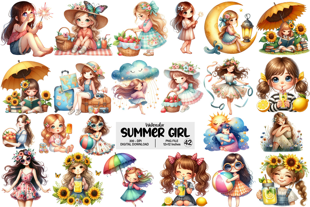 Whimsical Summer Girl Clipart, an Illustration by Pixels.Craft (Photo 1 of 9)