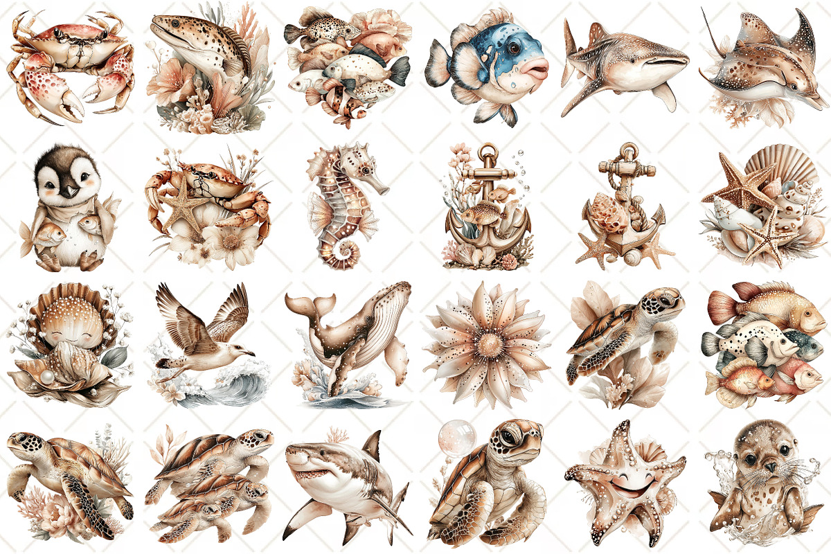 Watercolor Ocean Animals Clipart, an Illustration by Black Bird Studio (Photo 2 of 5)