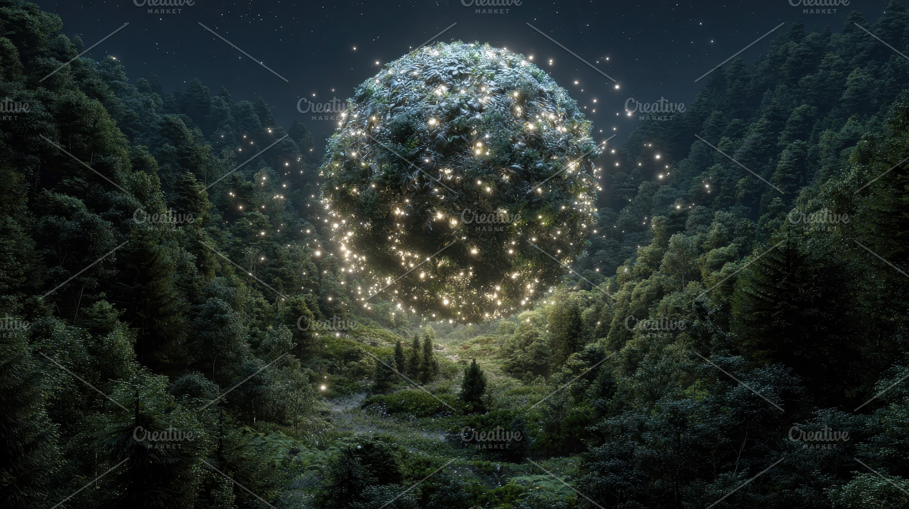 Glowing Orb in a Dark Forest at Nigh, an Abstract Photo by Pixeness Studio