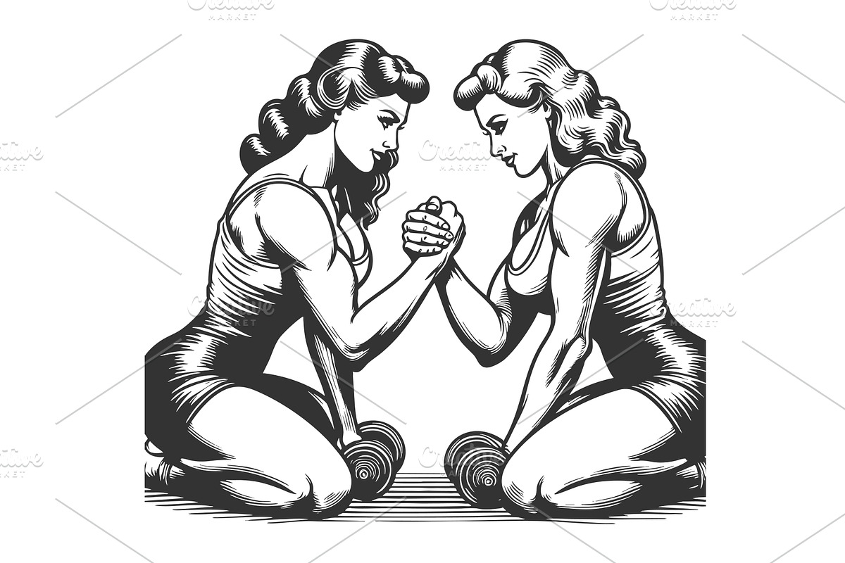 Two strong women arm wrestling, a Sport Illustration by AlexArt