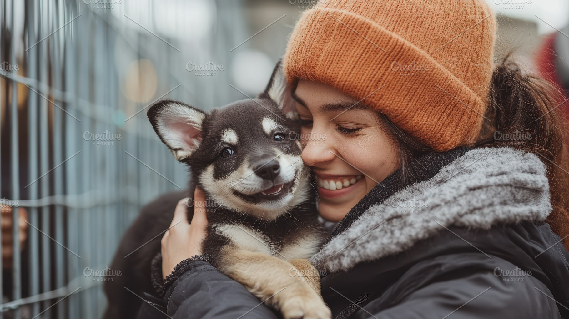 Woman smiles while holding a puppy w, an Animal Photo by Pixeness Studio