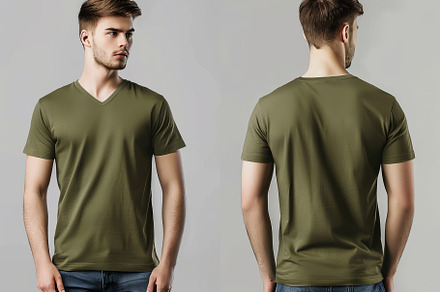 A young man models an olive green v-, a Photo by Tanuart