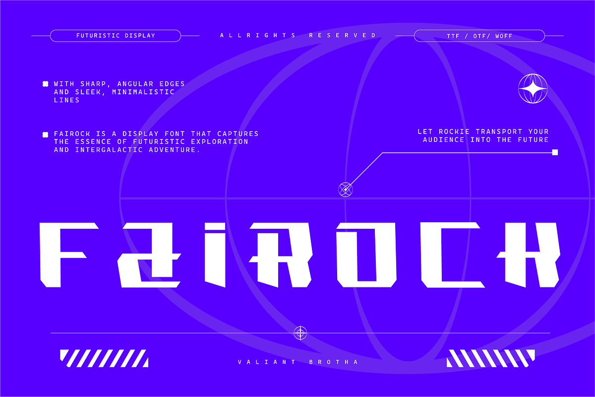 VB Fairock - Futuristic Display Font, a Sans Serif Font by VALIANTBROTHA (Photo 1 of 11)