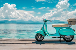 Vintage Blue Scooter Parked on a Wooden Pier by the Sea, an Abstract Photo by Natalia Klenova's Shop