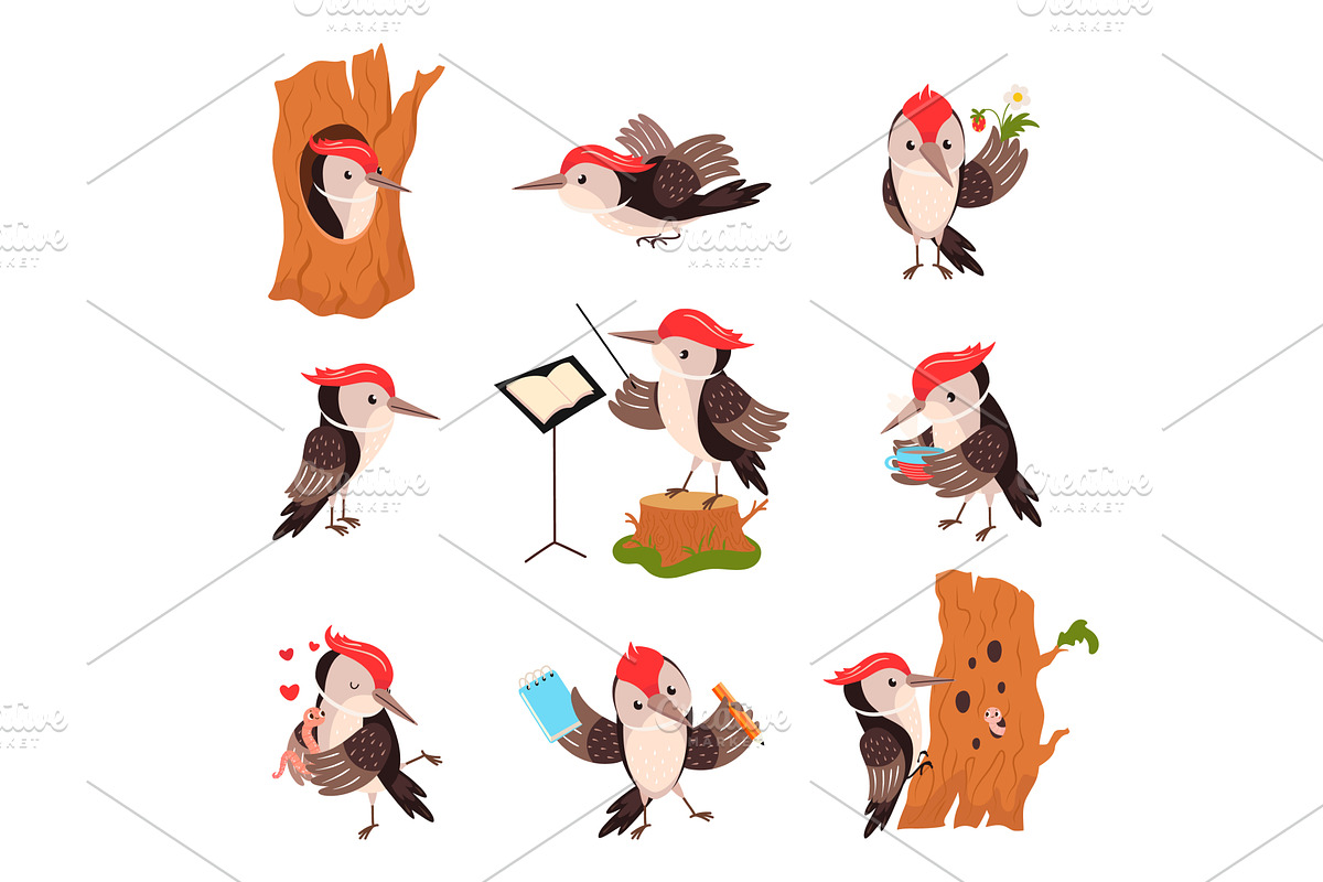 Woodpecker characters. Cartoon funny, an Animal Illustration by Valerie Bodnar