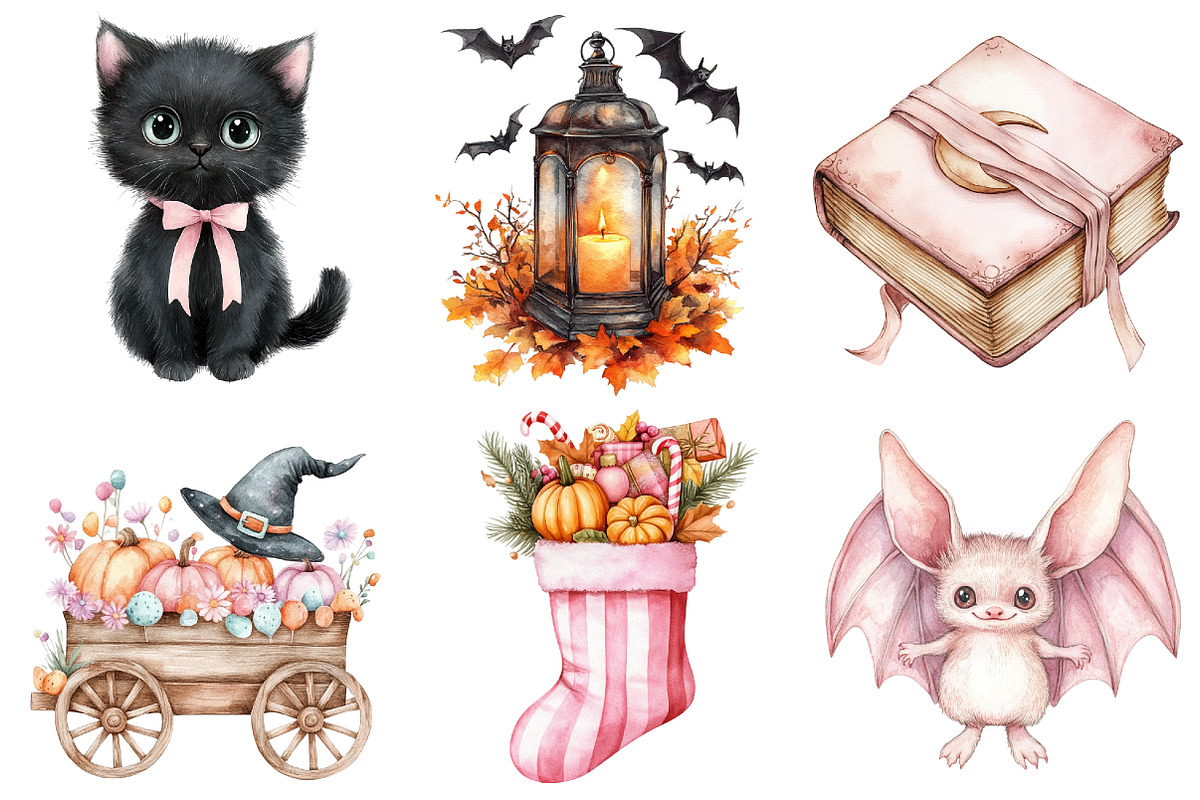 Watercolor Pink Halloween Clipart, a Seasonal Illustration by CitraGraphics (Photo 4 of 6)