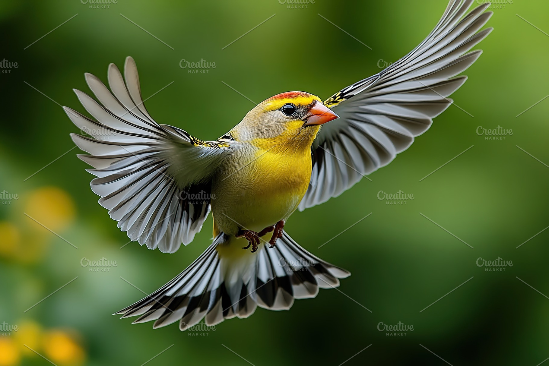 Beautiful goldfinch bird in fly on blurred green background, an Animal Photo by AlyaAnd