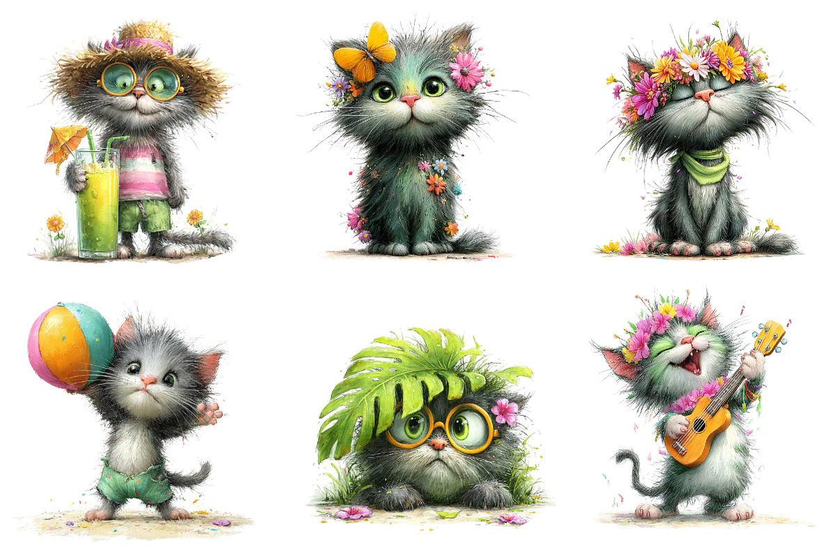 Whimsical Summer Cats Clipart Bundle, an Illustration by Dream Creation (Photo 6 of 8)