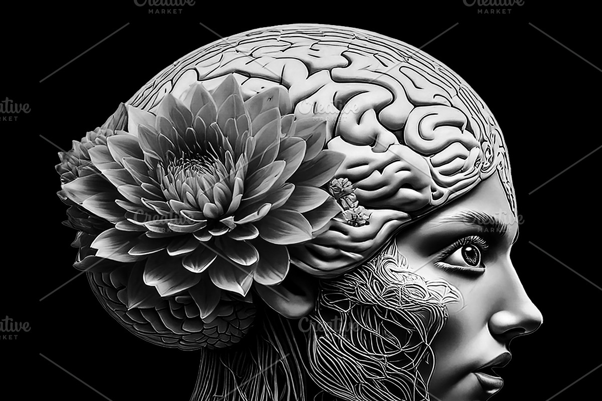 Woman head in profile with a blooming flower inside the brain ar, a Decorative Illustration by DanFLCreativo