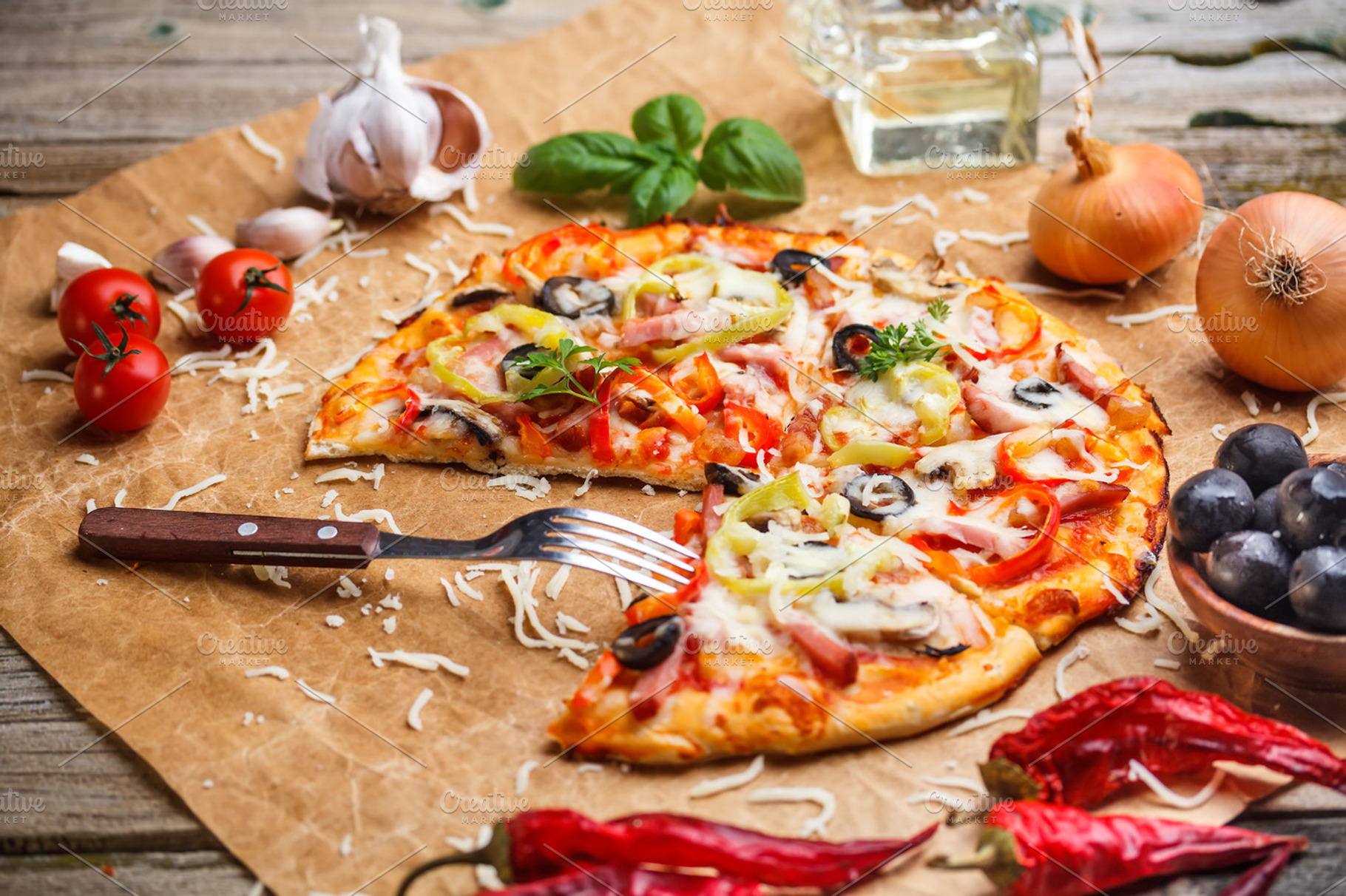 Fresh italian pizza containing pizza, slice, and tomato