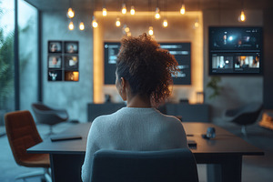 Woman in a modern workspace engaged, a Photo by Tanuart