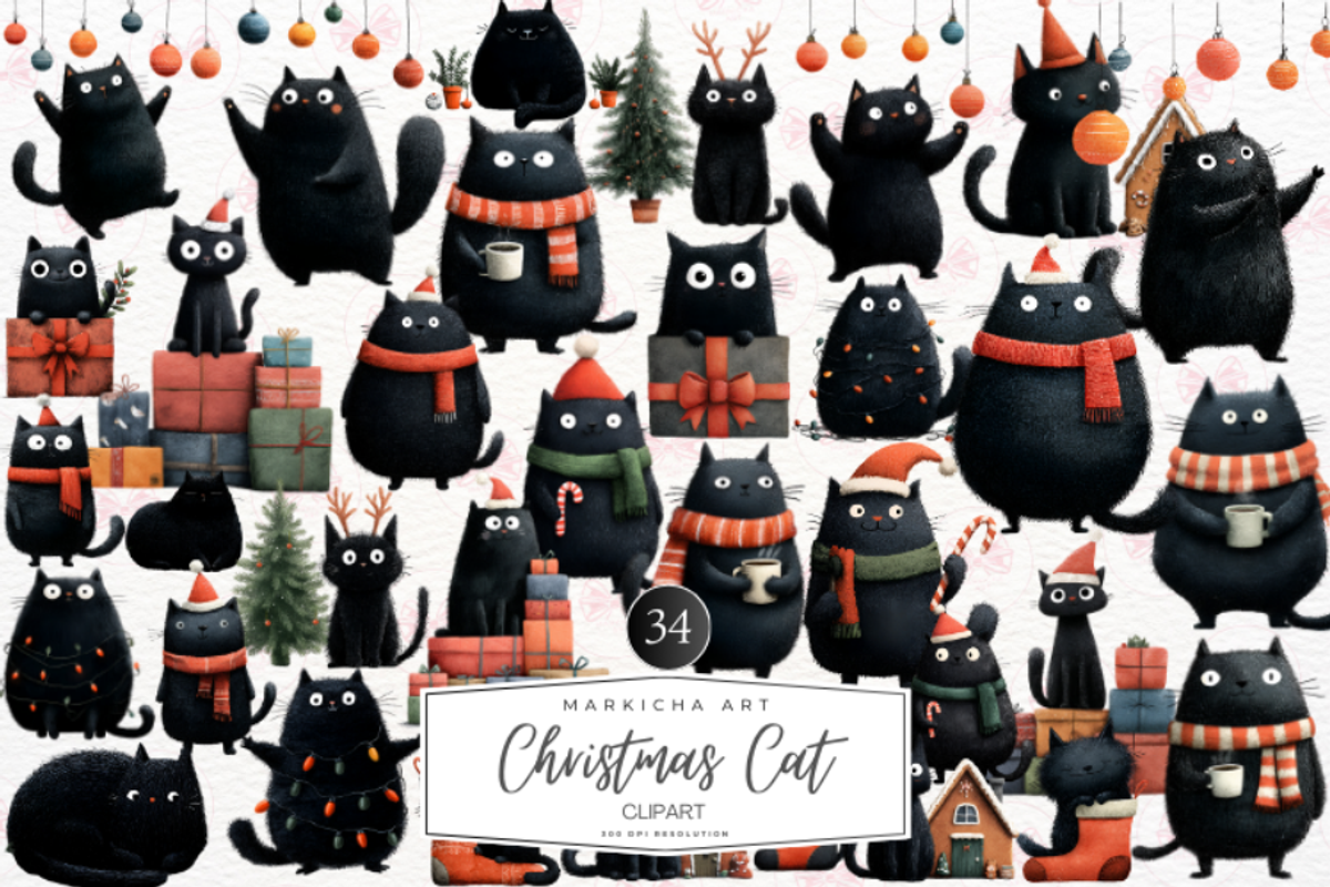 Quirky Christmas Cat Clipart, an Illustration by Markicha Art (Photo 1 of 7)