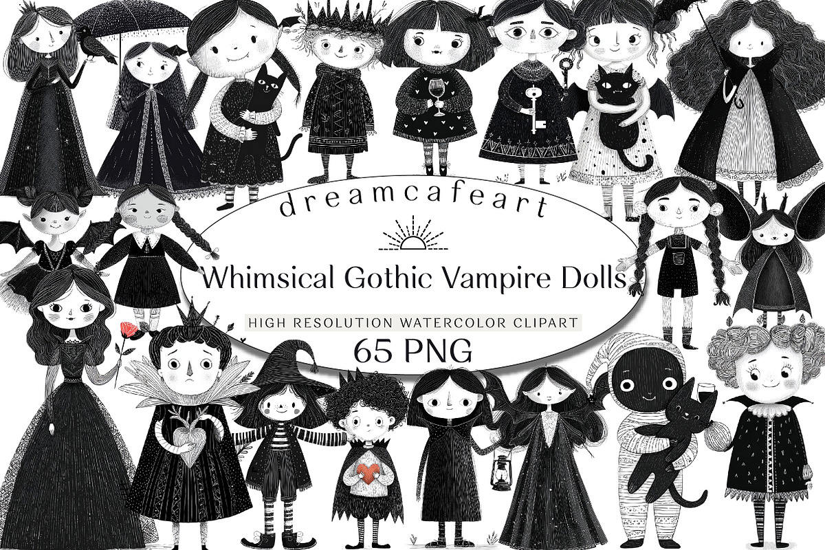 Whimsical Gothic Vampire Dolls Clipa, an Illustration by DreamCafeArt (Photo 1 of 8)