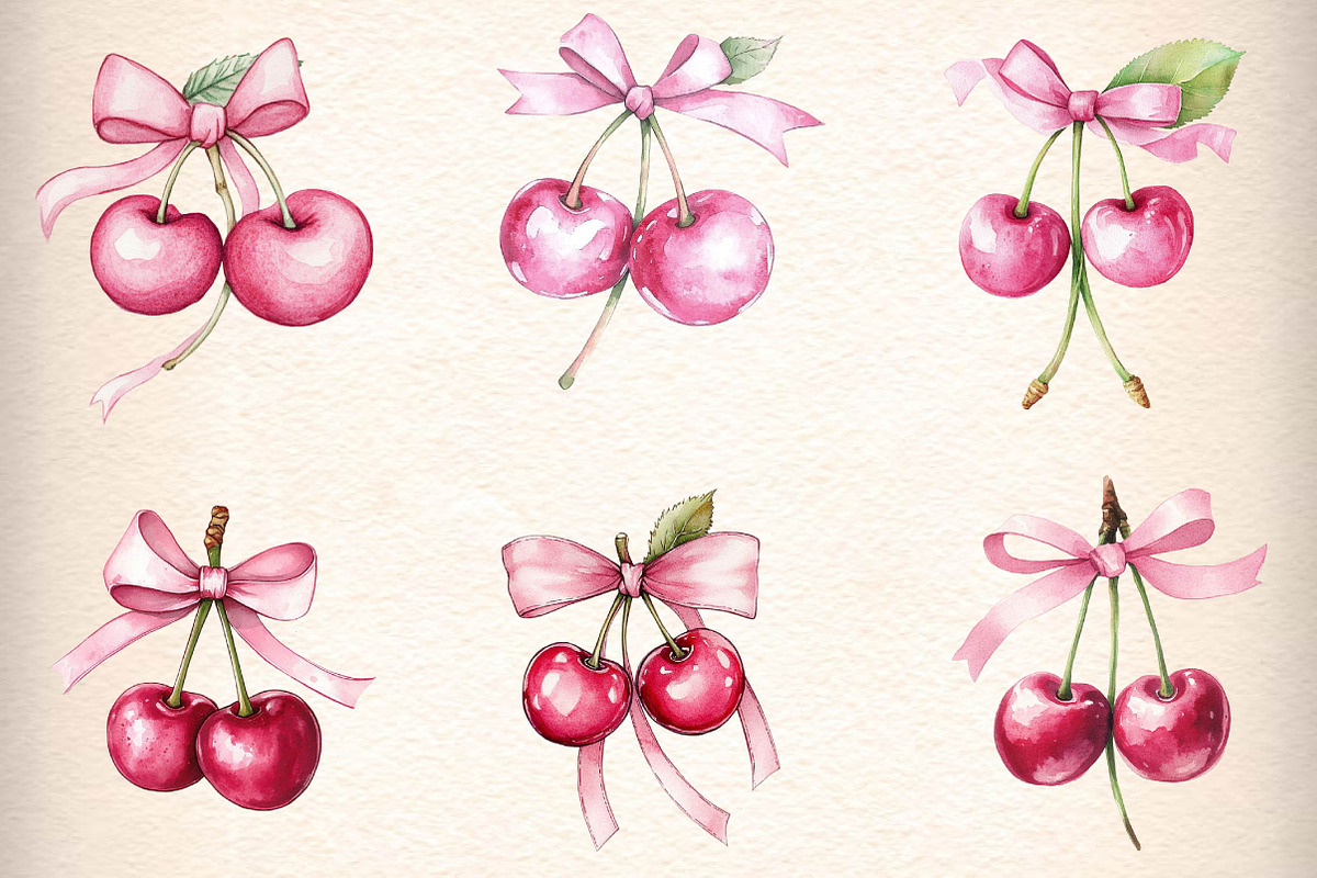 Watercolor Coquette Cherries Bow Cli, an Illustration by CreationArt (Photo 4 of 5)