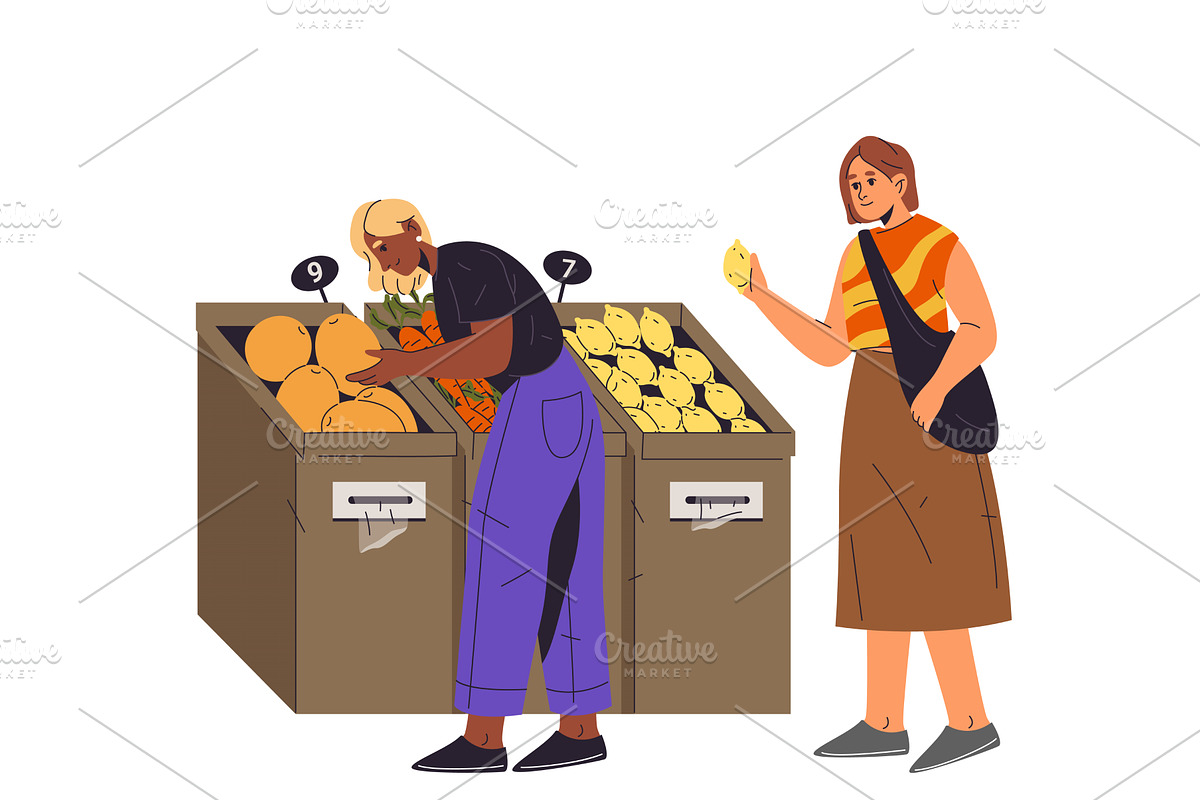 Women buy fruit at grocery store, a Food Illustration by Elegant Solution
