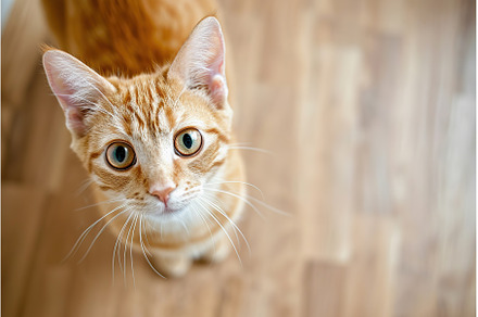Curious ginger cat looking up with, an Animal Photo by Lermont51