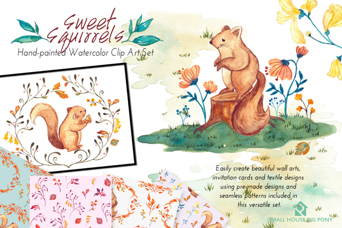 Sweet Squirrels -Huge Watercolor Set, an Animal Illustration by SmallHouseBigPony (Photo 2 of 14)
