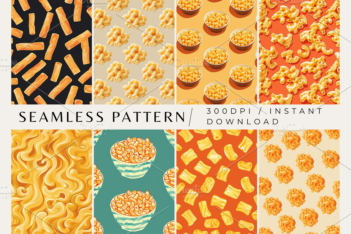 8 Mac and Cheese Seamless Patterns, a Pattern Graphic by Inknfolly (Photo 1 of 3)