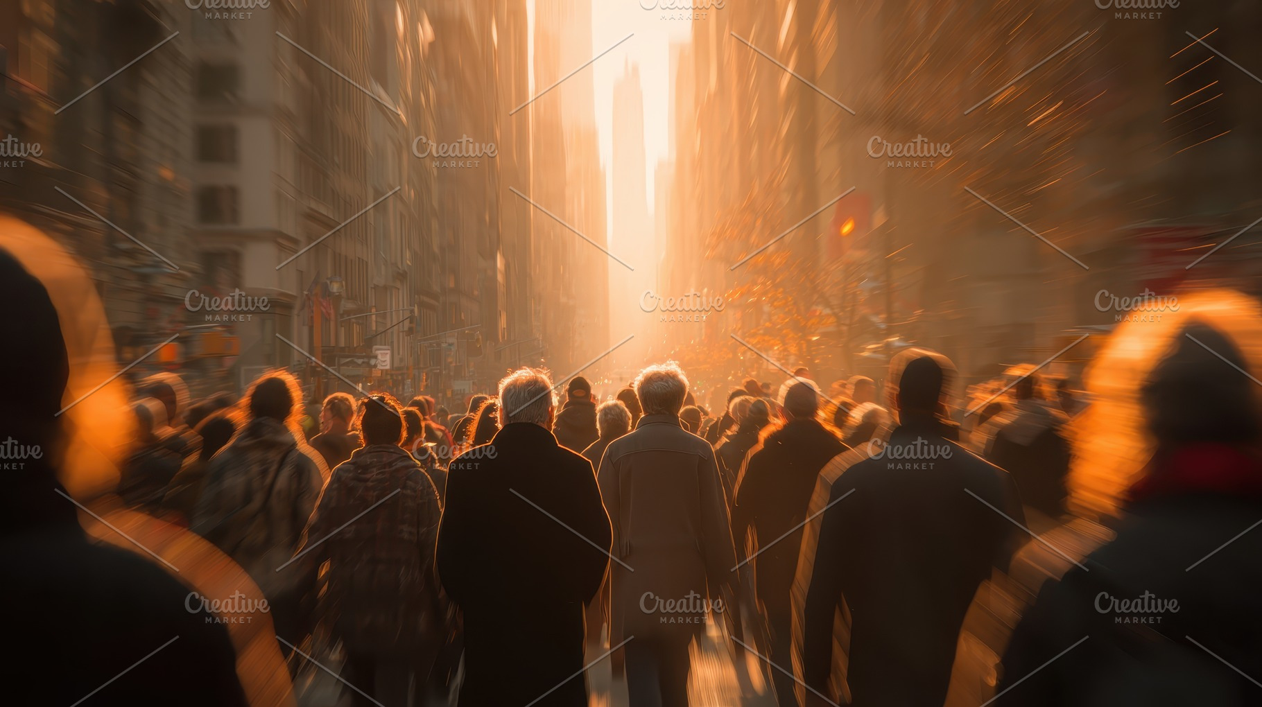Golden Hour City Crowd Walking Sunli, a Photo by Pixeness Studio