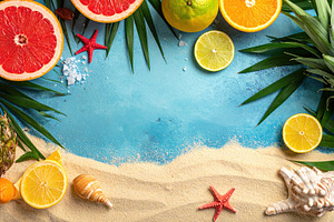 Tropical Citrus and Beach Flat Lay Composition, a Food & Drink Photo by Davizro's Market