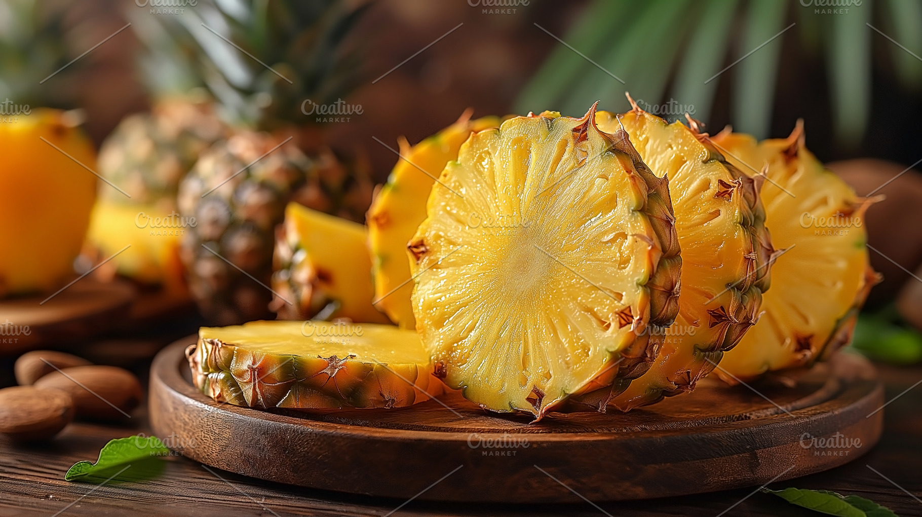Sliced fresh pineapple on a wooden board, highlighting its juicy, a Food & Drink Photo by ImageMir