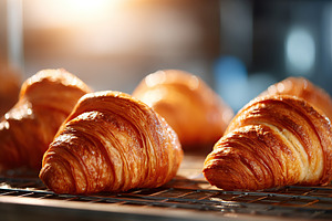 Golden baked croissants neatly stacked on a cooling rack in a warm kitchen sett, a Food & Drink Photo by AlyaAnd