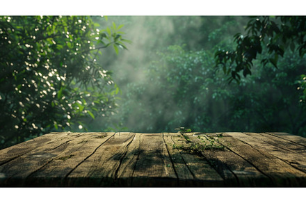 wooden table in a lush forest, a Nature Photo by Neirfy