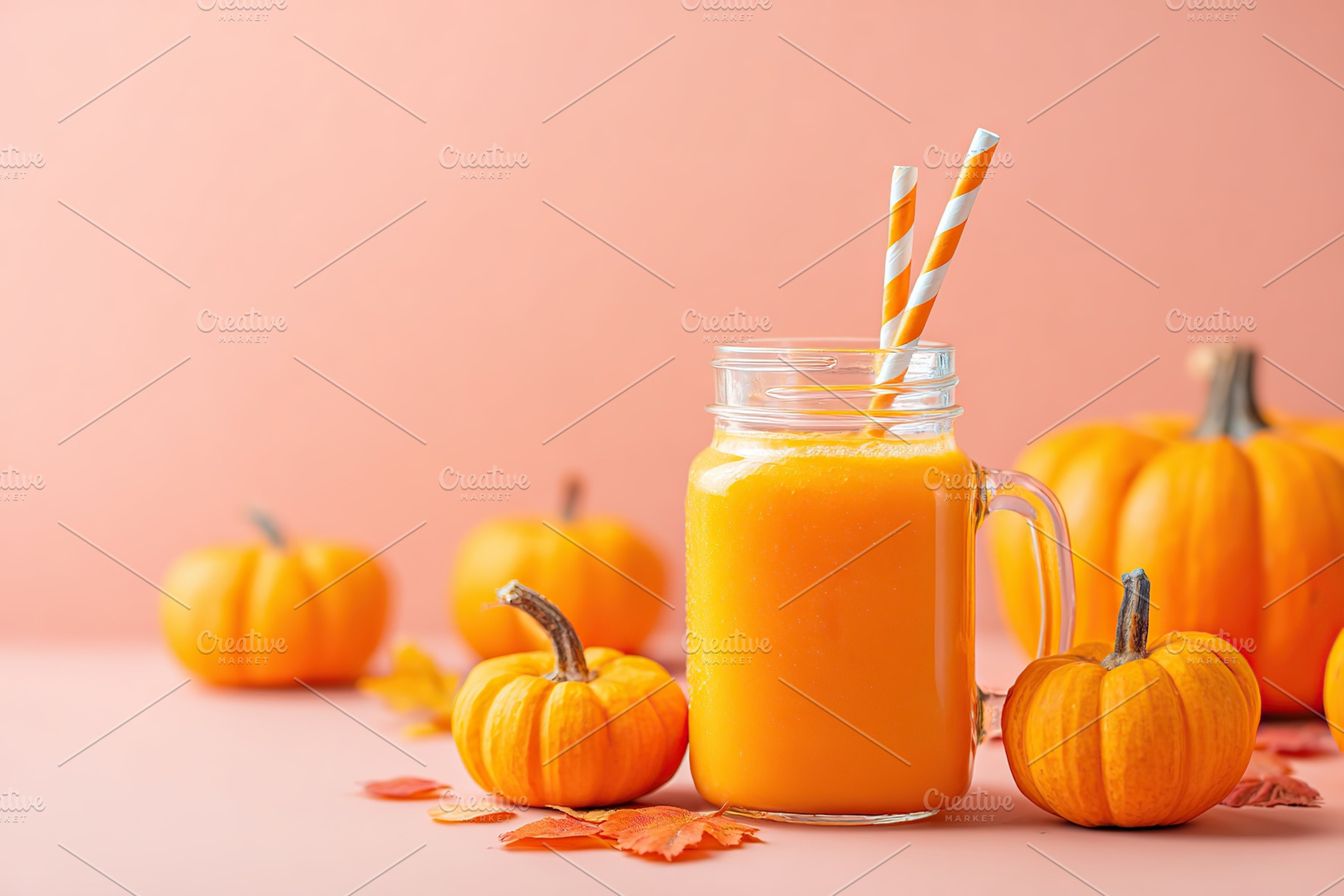 Fresh pumpkin smoothie with mini pumpkins on a pastel background in autumn seas, a Photo by AlyaAnd