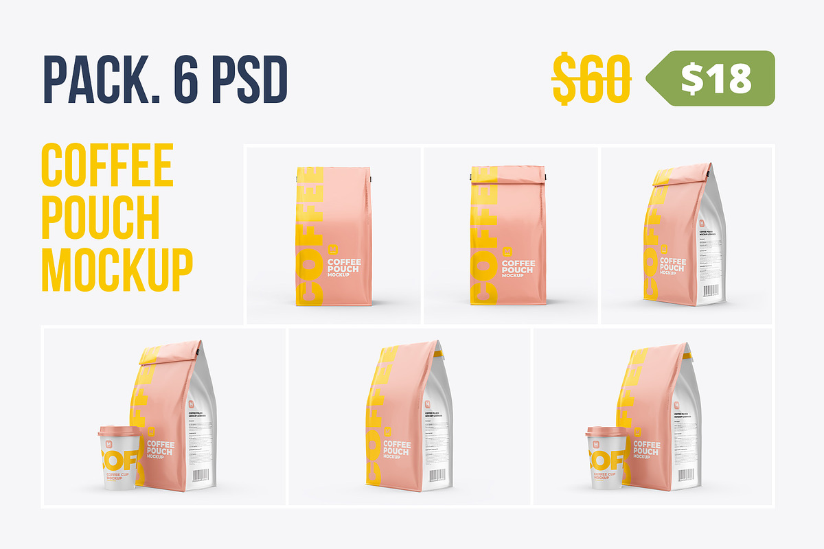Coffee pouch mockup. Pack 6 PSD, a Cups & Container Mockup by easymock (Photo 1 of 12)