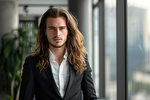 Young businessman in business suit with long hair standing on bl, a Business Photo by AlyaAnd