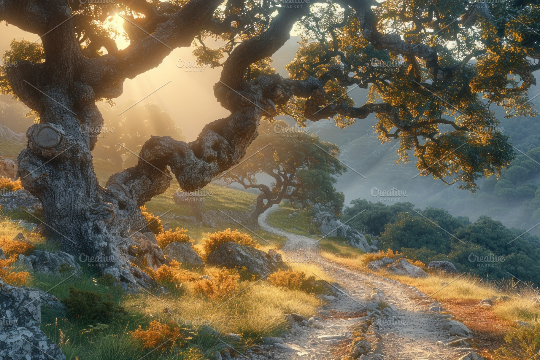 Winding mountain path under ancient oak trees with golden sunris, a Photo by José Manuel Gelpi