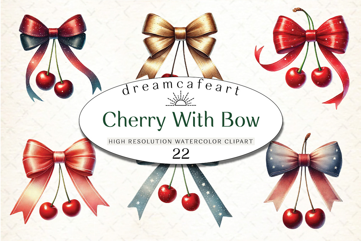 Cherry With Bow PNG, Watercolor, an Illustration by DreamCafeArt (Photo 1 of 4)