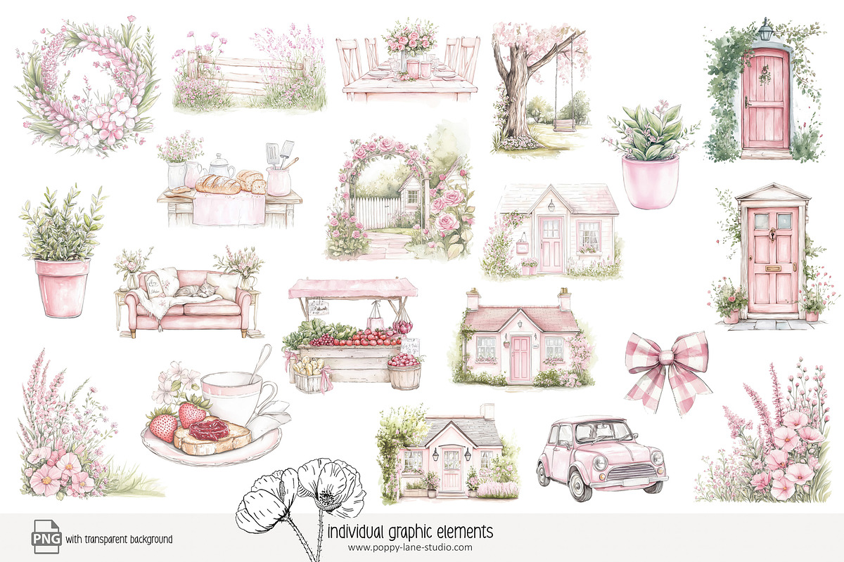 80 pink cottage clip art, a Seasonal Illustration by Poppy Lane Studio (Photo 5 of 8)