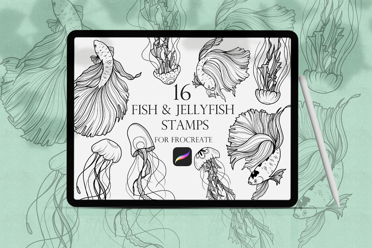 Fishes & Jellyfishes Procreate Stamp, a Brush Add-On by Dervik Art Store (Photo 1 of 7)
