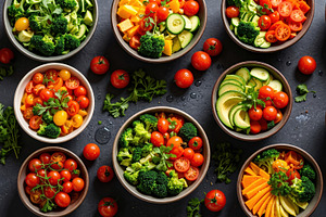 Colorful Healthy Vegetable Bowls Overhead, a Food & Drink Photo by Davizro's Market