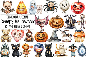 Vintage Creepy Halloween Clipart, an Illustration by CraftArtStudio