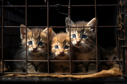 Three cute bengal kittens in a cage, a Photo by Iftikhar Alam