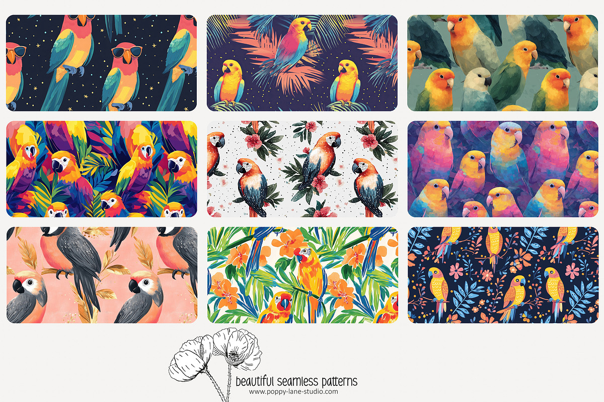 70 parrot seamless pattern, a Pattern Graphic by Poppy Lane Studio