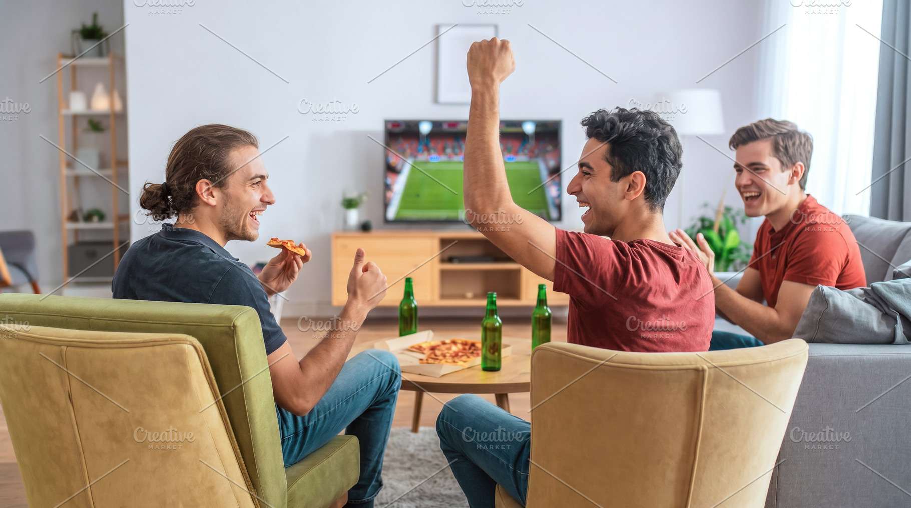 Friends Watching Soccer Match and Celebrating Together, a Photo by Davizro's Market