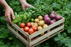 Farmer's hands holding crate full of different ripe vegetables, a Food & Drink Photo by AlyaAnd