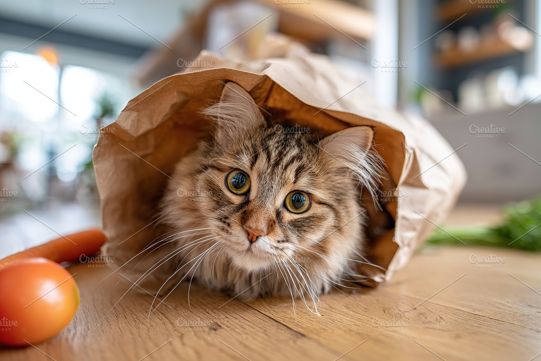 Curious cat explores brown paper bag on wooden floor at home, a Photo by AlyaAnd