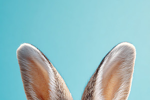 Gray rabbit ears emerge from a vibrant blue background in an engaging compositi, an Animal Photo by AlyaAnd