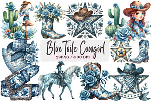 Blue Toile Cowgirl Clipart PNG, an Illustration by DreamArtGraphic