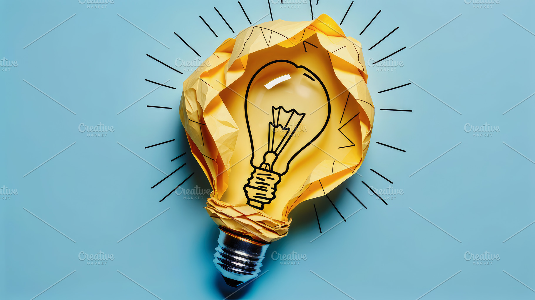 Yellow paper light bulb on a blue ba, a Photo by Perpis