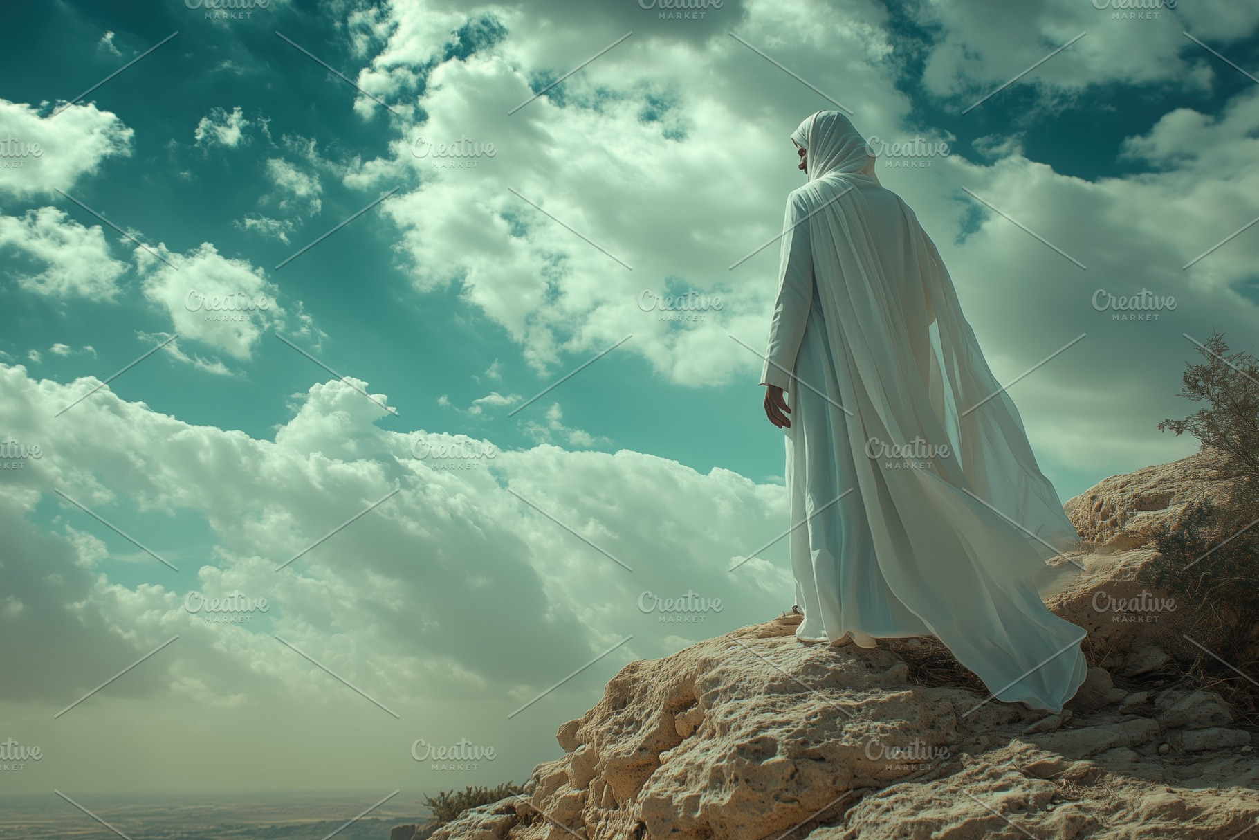 A arabic figure in a flowing white robe stands on a rocky outcrop, gazing into, a Person Photo by Textures & Backgrounds